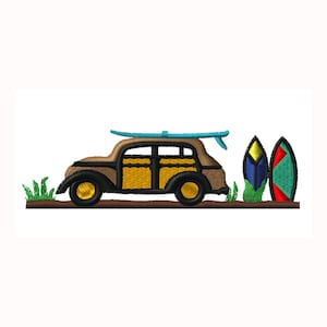 May include: Embroidered design featuring a brown vintage car with a light blue surfboard on top. The car has yellow and black accents. Two colorful surfboards stand upright next to the car, with green grass at the base. The design is on a white background.