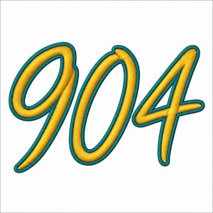 May include: The number 904 rendered in a stylized, cursive-inspired font. The digits feature a textured, golden-yellow fill with a thick, dark teal embroidered border, creating a distinct three-dimensional appearance against a plain white background.