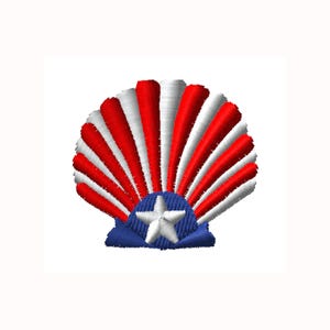 May include: Embroidered seashell design in red, white, and blue. The shell features alternating red and white stripes, a blue base, and a white star in the center. This patriotic design is suitable for various craft projects.