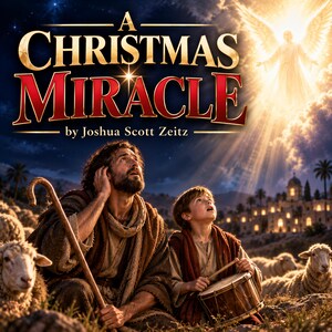 Pode incluir: Uma capa de livro intitulada A Christmas Miracle de Joshua Scott Zeitz com uma ilustração de um adulto barbudo e uma criança com um tambor sentados entre ovelhas, olhando para um anjo brilhante no céu noturno acima de uma cidade distante.