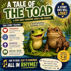 May include: A book cover for children, "A Tale of the Toad," showing a green frog and a brown toad. The text emphasizes friendship, loyalty, and sacrifice. It's a heartwarming rhyming story, suitable for ages 7-11. The book is advertised as fun to read.