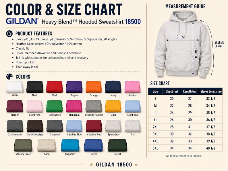May include: A Gildan 18500 Heavy Blend hooded sweatshirt color and size chart. It displays product features, a visual measurement guide for chest, length, and sleeve length, a grid of available fabric colors, and a size chart with measurements in inches.