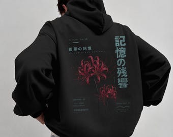 Red Spider Lily Hoodie, Japanese Floral Back Print, Y2K Streetwear Hoodie, Dark Alternative Grunge Sweatshirt