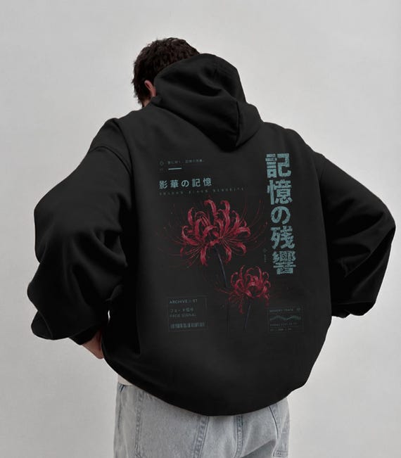 Red Spider Lily Hoodie, Japanese Floral Back Print, Y2K Streetwear Hoodie, Unisex Alternative Grunge Sweatshirt