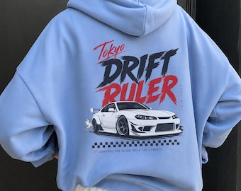 Drift Ruler Hoodie, JDM Car Graphic Hoodie, Japanese Racing Streetwear, Unisex Back Print Pullover, Tuner Car Lover Gift