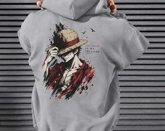 Anime Graphic Hoodie, Freedom Is My Treasure Back Print, Unisex Manga Streetwear, Pirate Art Pullover