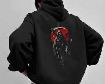 Grim Reaper Hoodie, Gothic Death Hoodie, Dark Streetwear Sweatshirt, Red Moon Skeleton Hoodie, Alternative Halloween Hoodie