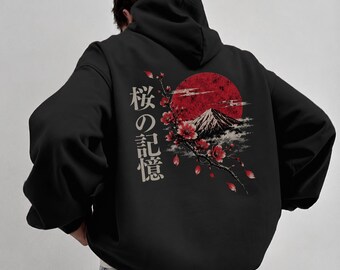 Japanese Sakura Hoodie, Mount Fuji Streetwear Hoodie, Cherry Blossom Back Print, Japanese Aesthetic Hoodie, Unisex Graphic Hoodie