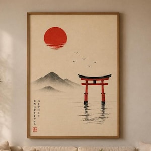Japanese Torii Gate Wall Art Printable, Zen Landscape Poster, Wabi Sabi Decor, Red Sun Japanese Print, Asian Minimalist Wall Art