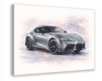 Cuadro decorativo de pared en lienzo con acuarela del Toyota GR Supra - Decoración moderna de pared para coches, lámina de pintura de coche deportivo de 30 x 45 cm (12 x 18 pulgadas)