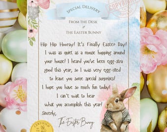 Lettera del Coniglietto di Pasqua, stampabile, biglietto del Coniglietto di Pasqua, download digitale, lettera ufficiale certificata del Coniglietto di Pasqua, ricordo da conservare.