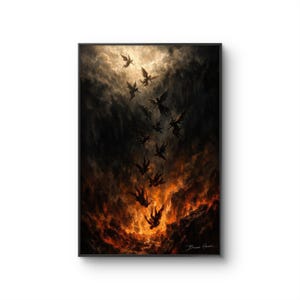 Op de afbeelding: Een ingelijst kunstwerk dat gevleugelde figuren toont die in een vurige omgeving vallen. De afbeelding heeft een donkere, dramatische sfeer met onheilspellende wolken en een heldere, brandende hel. De handtekening van de kunstenaar is rechtsonder zichtbaar.
