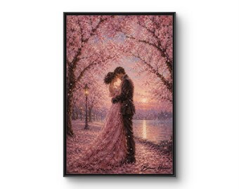 Quadro su tela con cornice opaca "Amanti dei fiori di ciliegio" / Romantico tramonto sui ciliegi in fiore