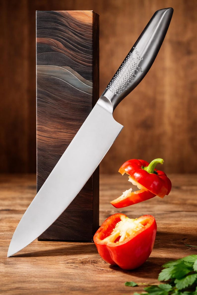 May include: A stainless steel chef's knife with a silver blade and a patterned handle. A red bell pepper is cut in half, with a green stem, and is next to the knife. The knife is next to a wooden box.