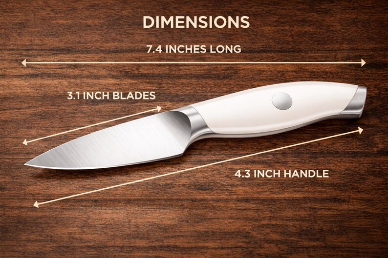 Peut inclure: Un couteau d'office avec un manche cr&egrave;me et des d&eacute;tails argent&eacute;s. La lame mesure 7,9 cm, le manche 10,9 cm et le couteau 18,8 cm de long. Le mot "DIMENSIONS" est en haut de l'image.