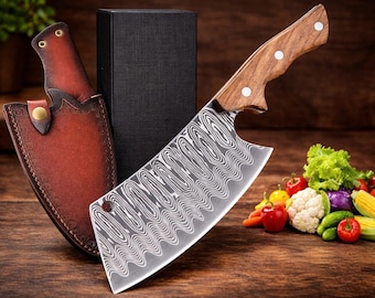 Premium Hand Forged Meat Cleaver Knife - Japanese Style Chef Knife with Sheath, Versatile Butcher Knife for Kitchen, BBQ & Camping