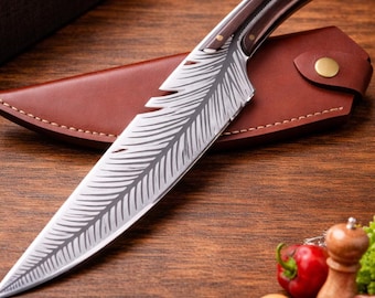 Premium Hand Forged Feather Knife – Japanese High Carbon Steel Chef Knife with Leather Sheath, Butcher & Boning Knife for Kitchen, BBQ