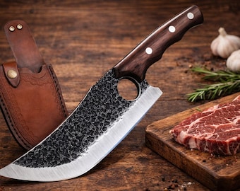 Handmade Viking Butcher Knife – High-Carbon Steel Chef Knife with Protective Sheath, Perfect for Meat Cutting, Camping, and BBQ
