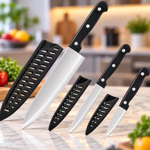 May include: A set of three stainless steel kitchen knives with black handles and three matching black protective blade covers. Each knife features a silver-toned blade and a black handle secured with three silver rivets, accompanied by a ventilated sheath.