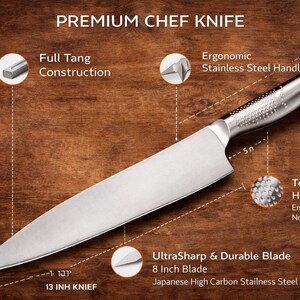 May include: A premium chef knife with an 8-inch blade and a 13-inch overall length. Features include a full tang construction, ergonomic stainless steel handle, and a textured hammered grip. The blade is made of Japanese high carbon stainless steel.