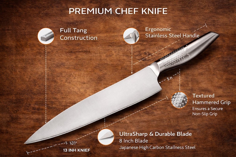 May include: A premium chef knife with an 8-inch blade and a 13-inch overall length. Features include a full tang construction, ergonomic stainless steel handle, and a textured hammered grip. The blade is made of Japanese high carbon stainless steel.