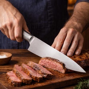 May include: A large, stainless steel chef's knife slicing a cooked steak on a wooden cutting board. Sliced pieces of steak are visible, along with a small wooden bowl of salt and a sprig of rosemary.
