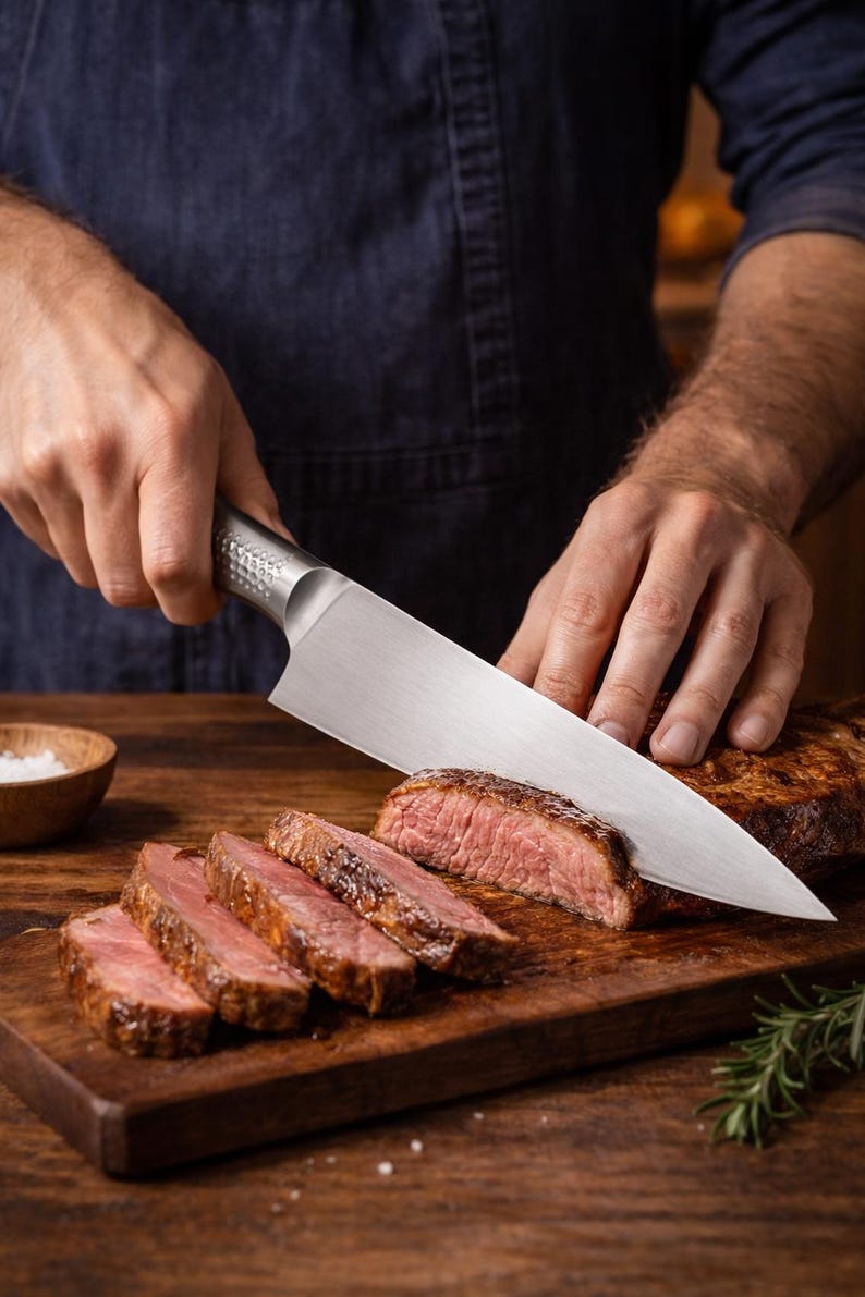 May include: A large, stainless steel chef's knife slicing a cooked steak on a wooden cutting board. Sliced pieces of steak are visible, along with a small wooden bowl of salt and a sprig of rosemary.