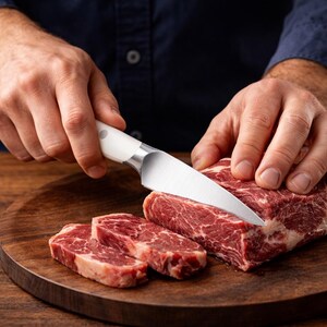 Peut inclure: Une personne coupe un steak cru avec un couteau &agrave; manche blanc sur une planche &agrave; d&eacute;couper en bois. Des morceaux de viande rouge tranch&eacute;s sont visibles. De petits bols noirs avec du sel et des grains de poivre sont en arri&egrave;re-plan.