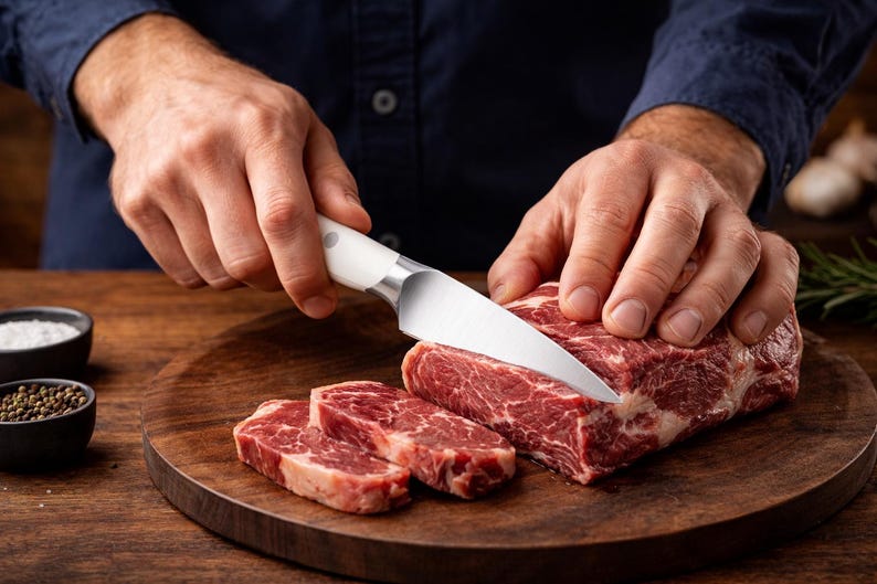Peut inclure: Une personne coupe un steak cru avec un couteau &agrave; manche blanc sur une planche &agrave; d&eacute;couper en bois. Des morceaux de viande rouge tranch&eacute;s sont visibles. De petits bols noirs avec du sel et des grains de poivre sont en arri&egrave;re-plan.