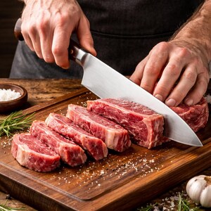 May include: A chef is slicing raw red meat on a wooden cutting board with a large knife. The meat is cut into thick slices. Rosemary, garlic, and salt are scattered around the board.