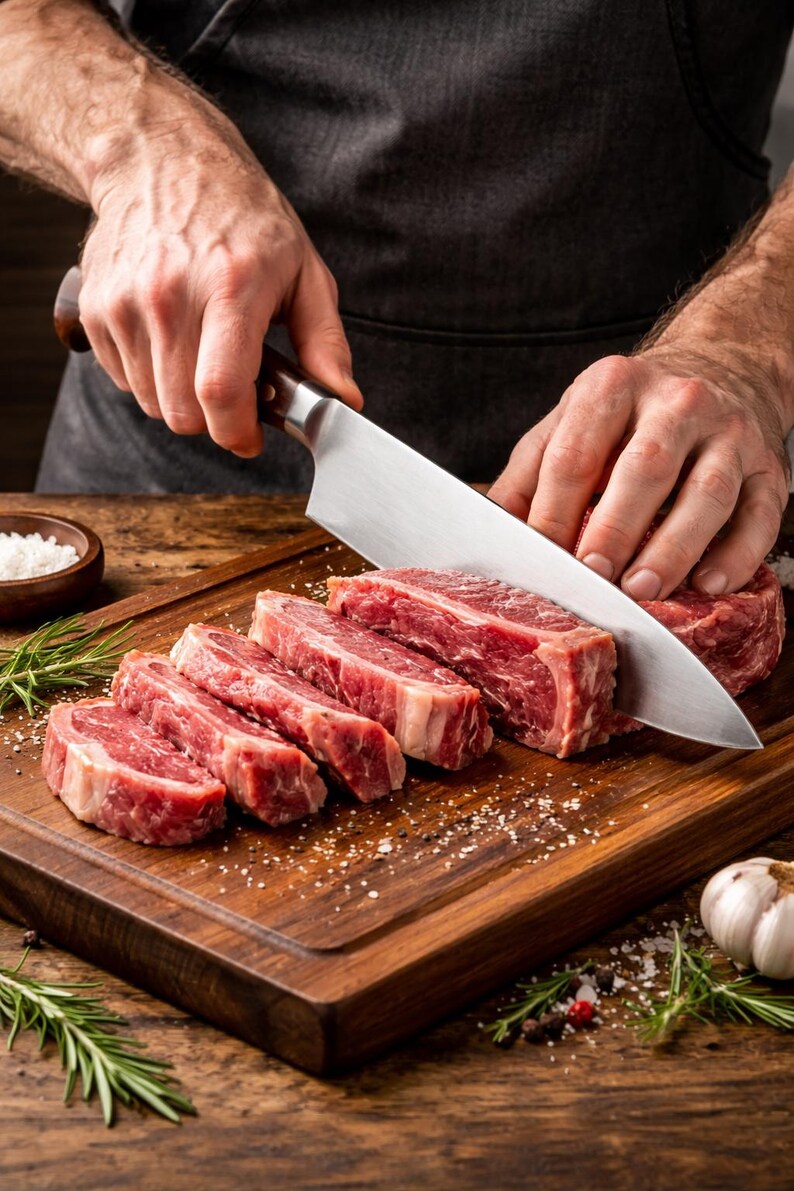 May include: A chef is slicing raw red meat on a wooden cutting board with a large knife. The meat is cut into thick slices. Rosemary, garlic, and salt are scattered around the board.