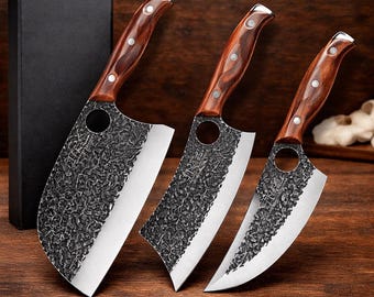 3-Piece Hand-Forged Kitchen Knife Set – Meat Cleaver, Serbian Chef Knife & Viking Knife with Durable Handles, Ideal for Kitchen and Camping