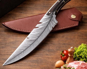 Premium Hand Forged Feather Knife – Japanese High Carbon Steel Chef Knife with Leather Sheath, Butcher & Boning Knife for Kitchen, BBQ