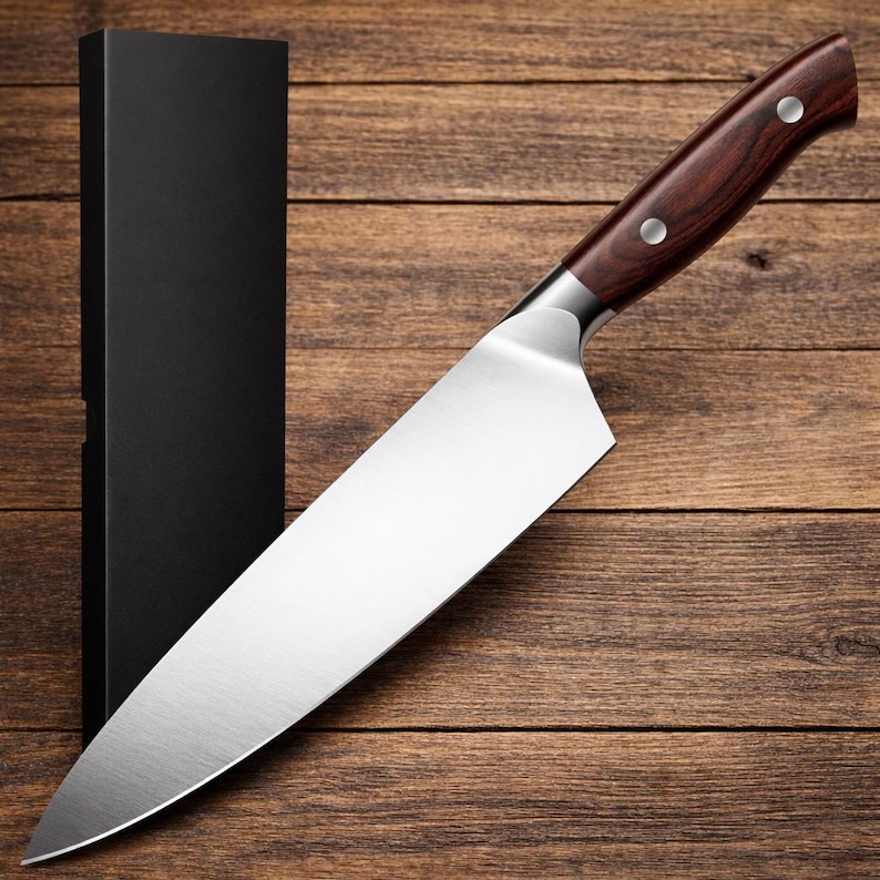 May include: A stainless steel chef's knife with a dark wood handle and silver rivets. The blade is sharp and reflective, and the knife is presented with a black box on a wooden surface. A kitchen utensil.