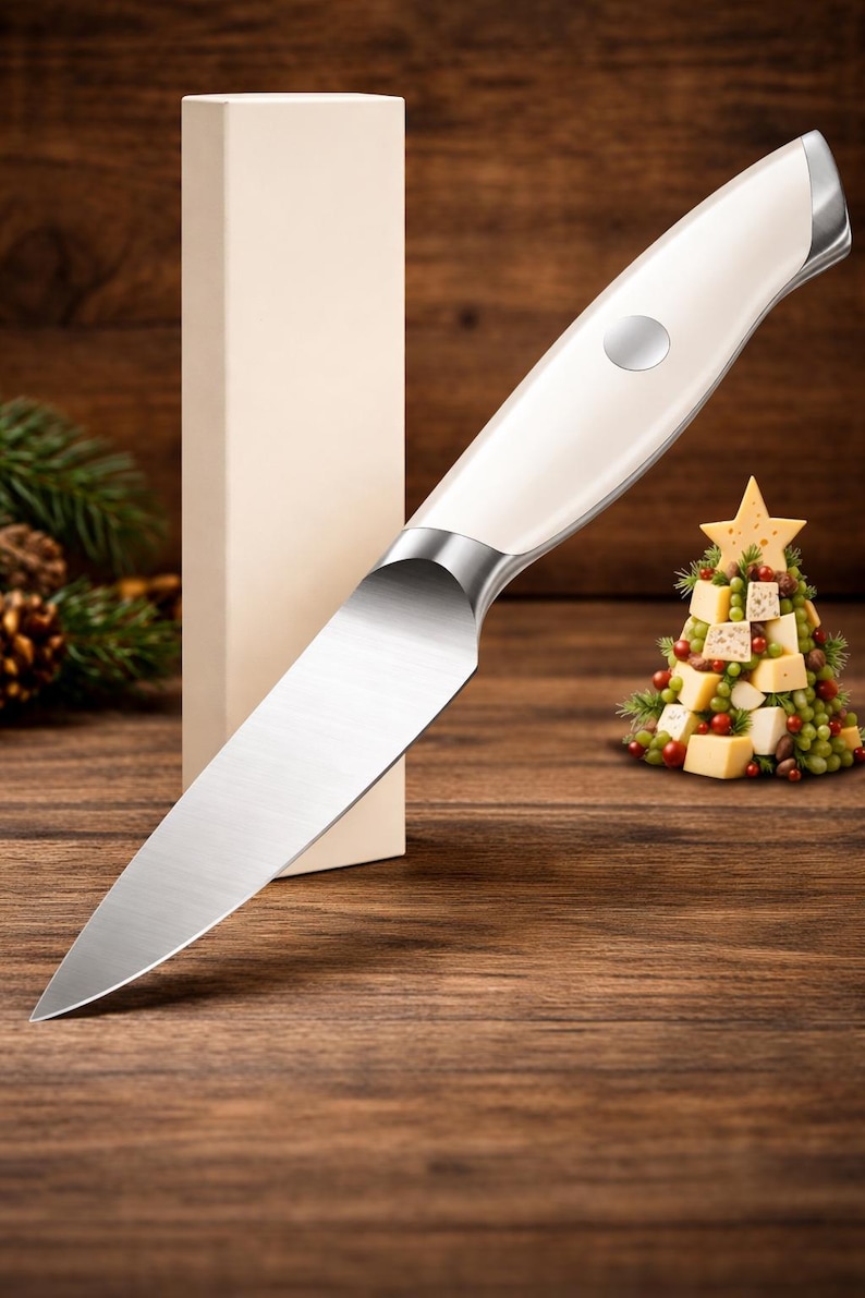 Peut inclure: Un couteau &agrave; fromage avec un manche cr&egrave;me et une lame argent&eacute;e. Le couteau est pr&eacute;sent&eacute; sur une surface en bois &agrave; c&ocirc;t&eacute; d'une bo&icirc;te cadeau et d'un sapin de No&euml;l en fromage d&eacute;coratif. Le couteau est con&ccedil;u pour couper le fromage.