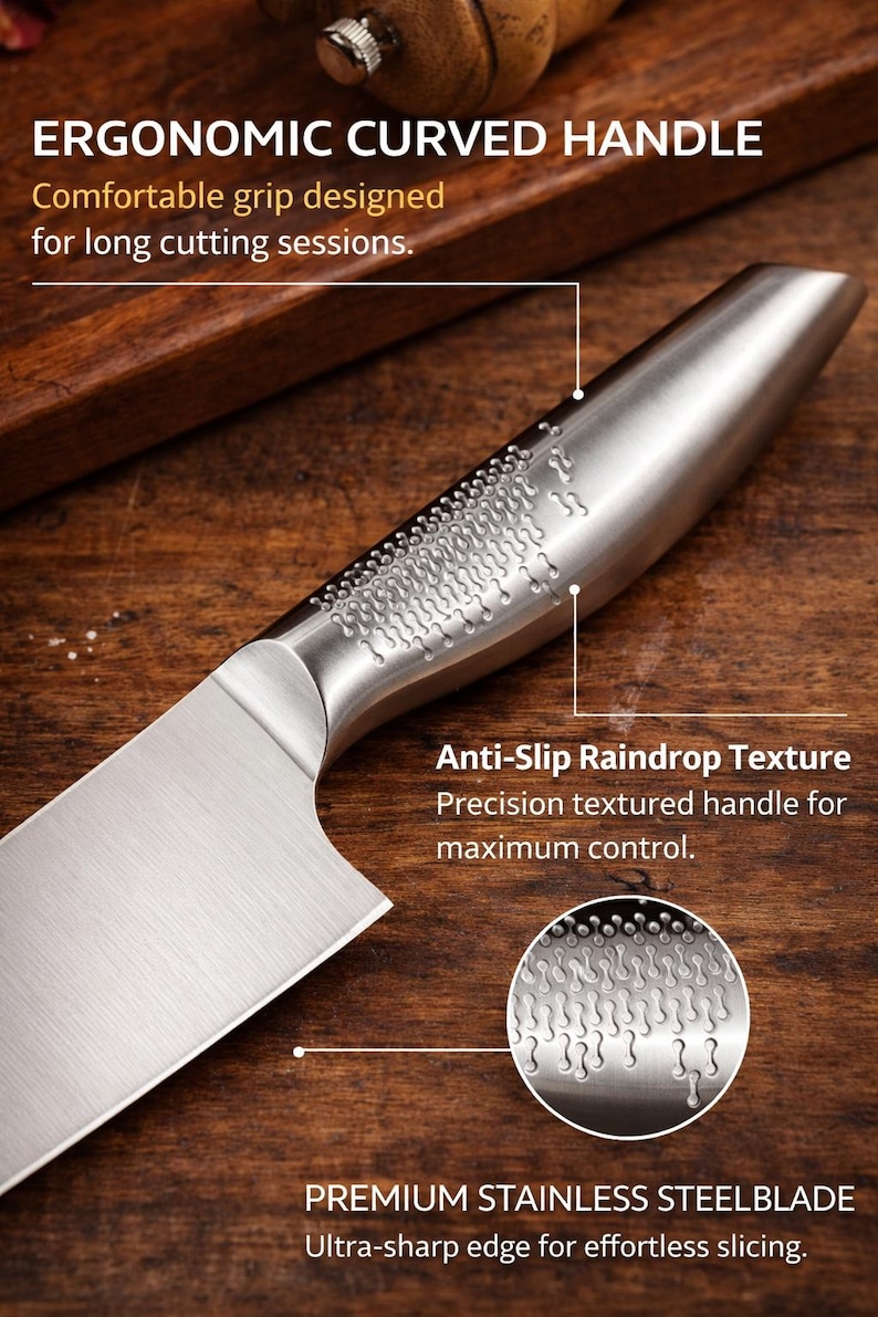 May include: Close-up of a stainless steel chef's knife with an ergonomic curved handle. The handle has an anti-slip raindrop texture. The blade is made of premium stainless steel. Text on the image reads: "ERGONOMIC CURVED HANDLE" and "PREMIUM STAINLESS STEELBLADE".
