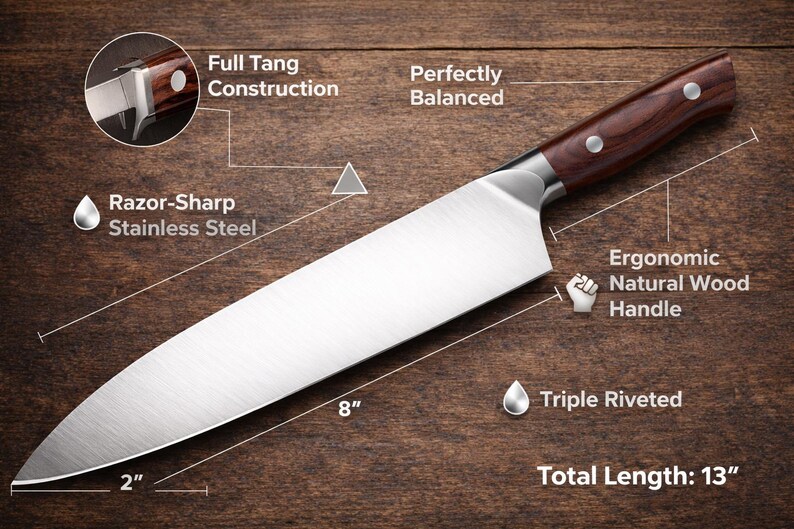 May include: A stainless steel chef's knife with a natural wood handle. The blade is 8 inches long, with a total length of 13 inches. Features include a full tang construction, razor-sharp blade, and triple riveted design.