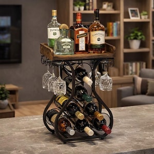 May include: A dark brown wooden and black metal wine rack with a top shelf holding four liquor bottles. The rack features a curved frame, storage for eight wine bottles in a stacked arrangement, and hanging racks for four clear glass wine glasses.