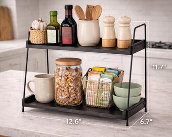 Modern 2-Tier Coffee Station Organizer – Black Wooden Countertop Shelf for Kitchen & Home