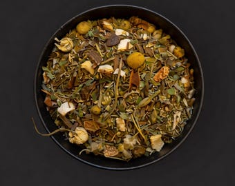 Stäng av! Lugnande örtte, koffeinfritt, 100 g burk, avslappnande blandning av kamomill och rooibos