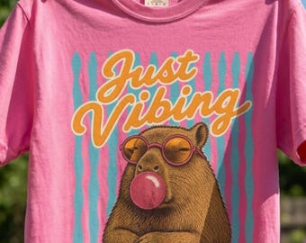 Just Vibing Capybara Shirt, Funny Bubblegum Capybara T-Shirt, Retro Aesthetic Summer Tee, Cute Animal Graphic Tee, Summer Vibes Gift