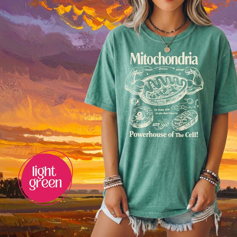 May include: Light green t-shirt with the word "Mitochondria" and a diagram of a cell's mitochondria. The shirt also has the text "Powerhouse of The Cell!" and other scientific terms. The shirt is worn with denim shorts.