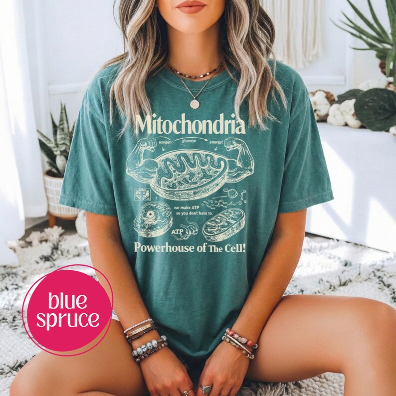 May include: Teal-colored t-shirt with the word "Mitochondria" and a diagram of a cell's powerhouse. The shirt also features the text "Powerhouse of The Cell!" and "we make ATP so you don't have to."