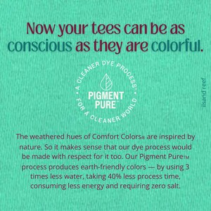 Peut inclure: Fond vert d'eau avec du texte : &laquo;&nbsp;Maintenant, vos t-shirts peuvent &ecirc;tre aussi conscients que color&eacute;s.&nbsp;&raquo; Logo circulaire &laquo;&nbsp;Pigment Pure&nbsp;&raquo;. Le texte explique le processus de teinture respectueux de l'environnement, utilisant moins d'eau et d'&eacute;nergie.