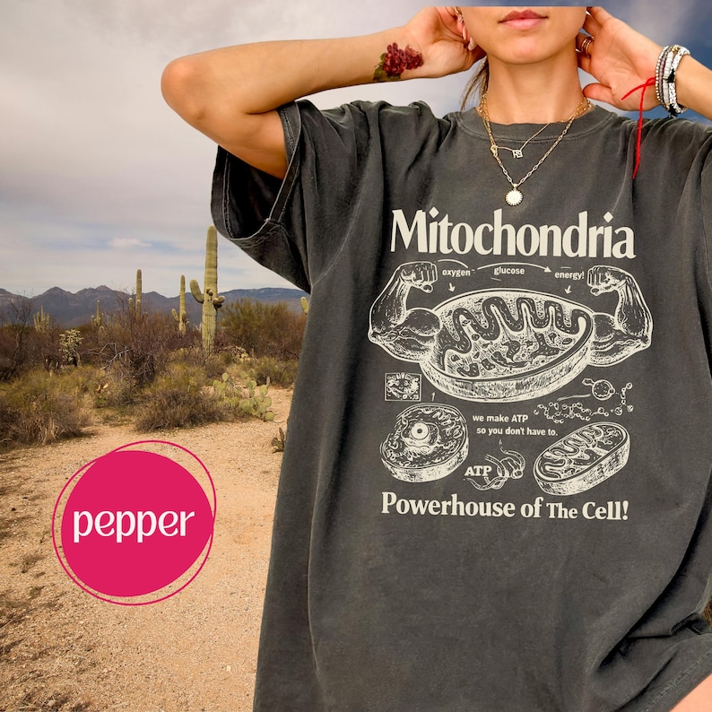 May include: Dark grey t-shirt with the word "Mitochondria" and a diagram of a cell's powerhouse. The shirt also features the text "Powerhouse of The Cell!" and other scientific details. The shirt is a relaxed fit.