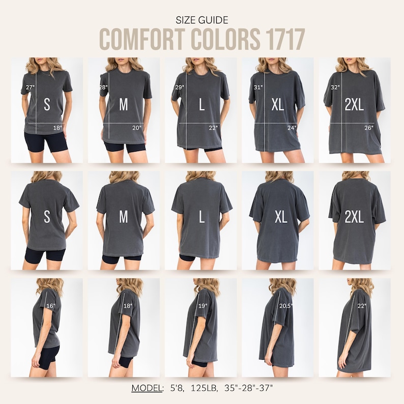 Peut inclure: Guide des tailles pour les t-shirts Comfort Colors 1717. L'image pr&eacute;sente plusieurs t-shirts gris en diff&eacute;rentes tailles, S, M, L, XL et 2XL. Les mesures sont fournies en pouces pour la longueur et la largeur. Le mod&egrave;le mesure 173 cm, 56,7 kg, avec des mensurations de 89-71-94 cm.