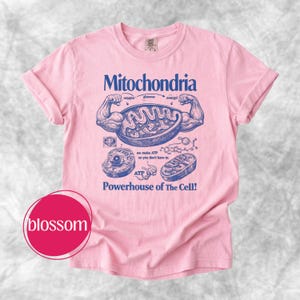 May include: A light pink t-shirt with the word "Mitochondria" in blue, along with a diagram of a cell and the text "Powerhouse of The Cell!" The shirt also features the text "we make ATP so you don't have to."