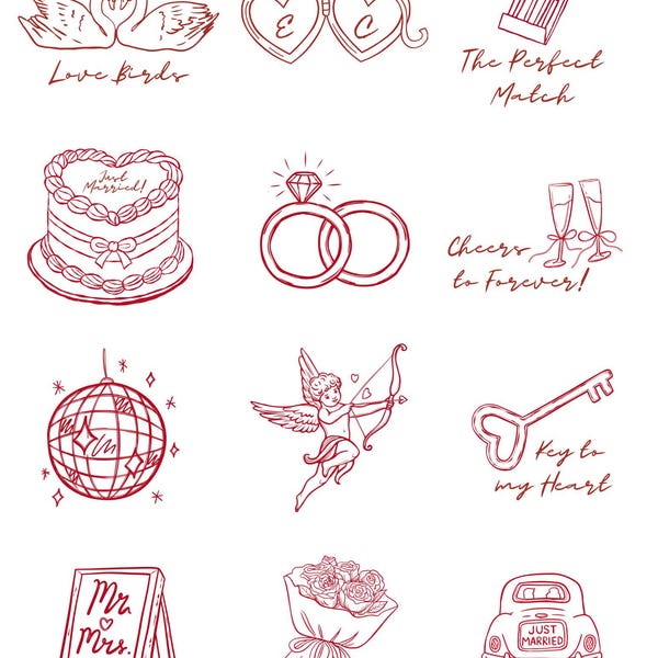 May include: A collection of red line art illustrations with a wedding theme. The images include swans, heart-shaped lockets, a cake, rings, champagne glasses, a disco ball, Cupid, a key, a sign, a bouquet, and a car with the text "Just Married!"