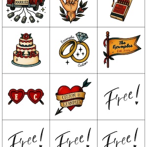 May include: A collection of tattoo-style illustrations on a white background. Images include a red car with "Just Married", a hand with a gesture, a matchbox with "The Perfect Match", a cake, rings, a banner, heart-shaped glasses, a heart with a banner, and the word "Free!"