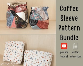 Coffee Cozy Sleeve Pattern Bundle - PDF Coffee Sleeve Sewing Patterns - Digital Download Coffee Cozy Pattern - 2 Patterns with 2 Sizes each